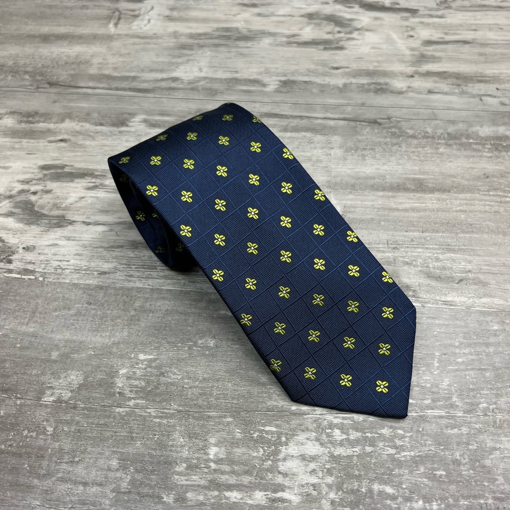 Gianni Navy w/ Lime Green Flower Check Silk Tie